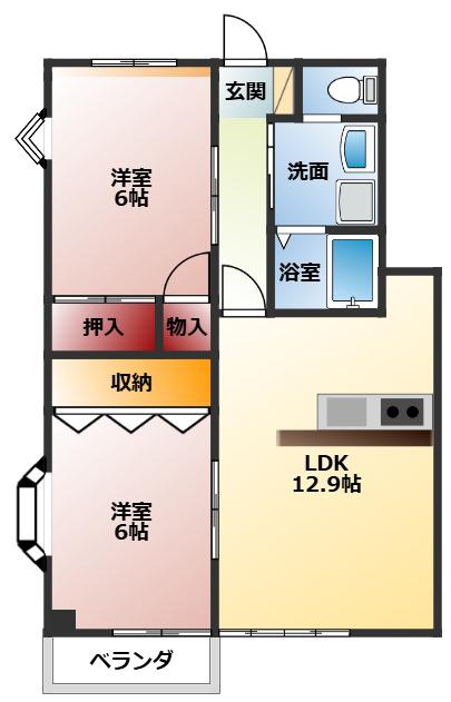 ハイステージ松 B(2LDK/1階)の間取り写真