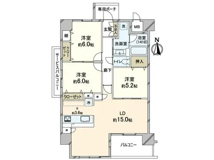 ビ・ウェル倉敷中央通壱番館(3LDK/3階)の間取り写真