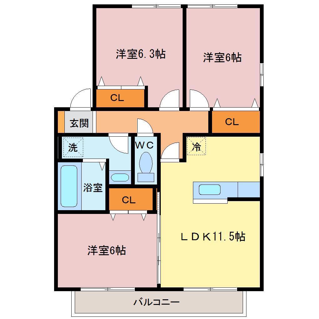 リビングタウン岩国D(3LDK/1階)の間取り写真