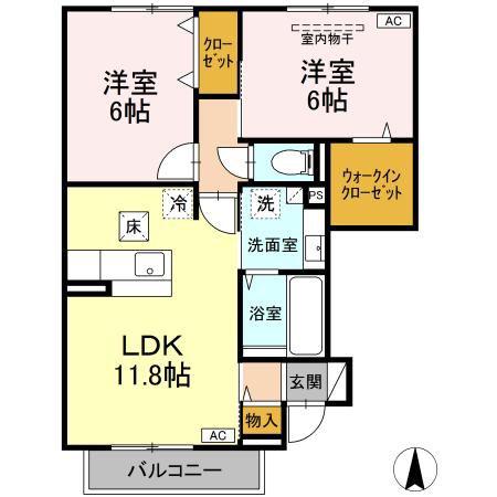 ヴィラージュ B棟(2LDK/1階)の間取り写真