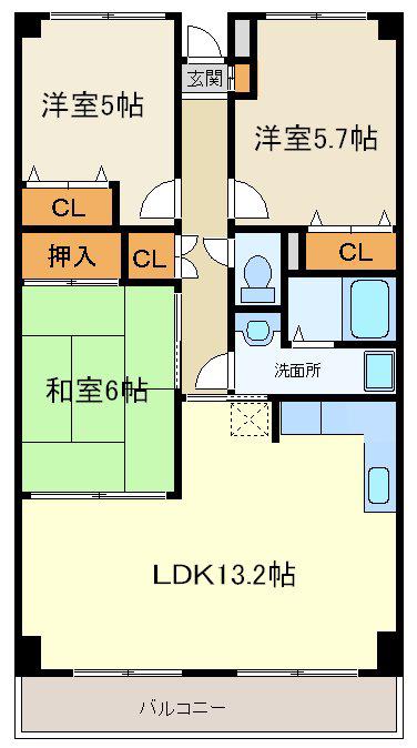 グリーンリーフ南仙台(3LDK/3階)の間取り写真