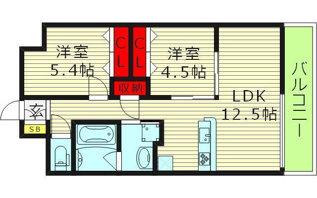 N-ウエスト(2LDK/4階)の間取り写真