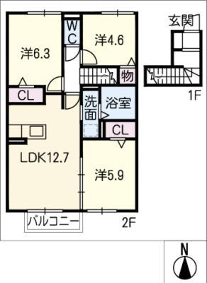 グランシャリオ穴橋 B棟(3LDK/2階)の間取り写真