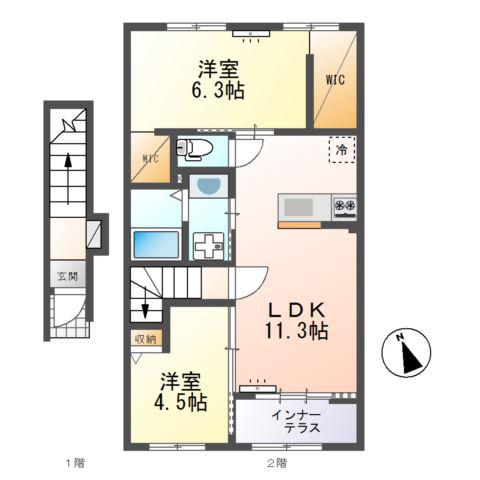 ひたちなか市足崎字原 アパートII期(2LDK/2階)の間取り写真