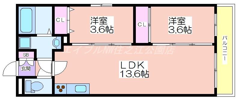 TIO住吉大社(2LDK/2階)の間取り写真