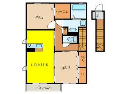 ヴィルヌーブ サンティーエ(2LDK/2階)の間取り写真
