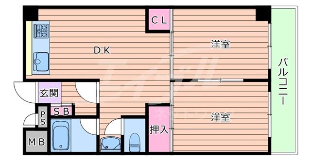 江坂グランドハイツ北(2DK/9階)の間取り写真