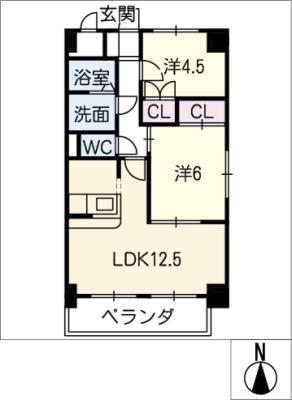 グレイス中坪(2LDK/4階)の間取り写真
