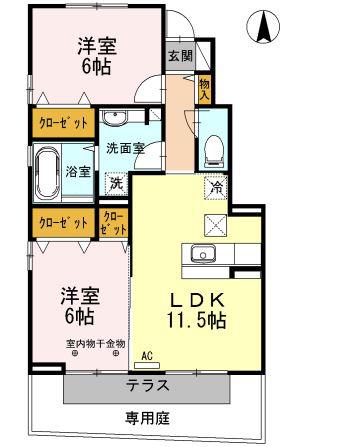 サルーチェ B棟(2LDK/1階)の間取り写真