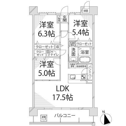 キャッスルコート田寺東(3LDK/2階)の間取り写真