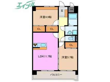 プリリアンスTAKEKOSHI A(2LDK/1階)の間取り写真