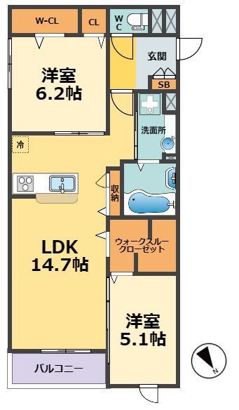シーグレース浜甲子園(2LDK/3階)の間取り写真
