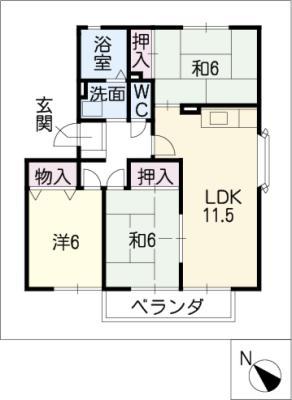 ハートホーム山本B・C・D棟(3LDK/2階)の間取り写真