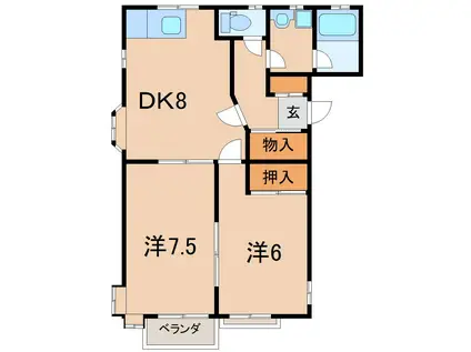 カーサ・フォルトナA(2DK/2階)の間取り写真