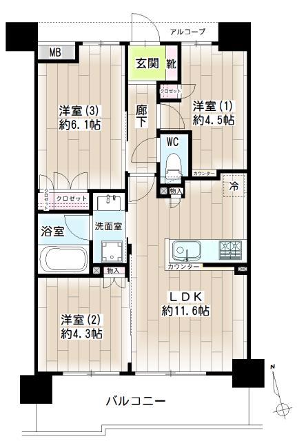 ノブレス横濱上星川(3LDK/5階)の間取り写真
