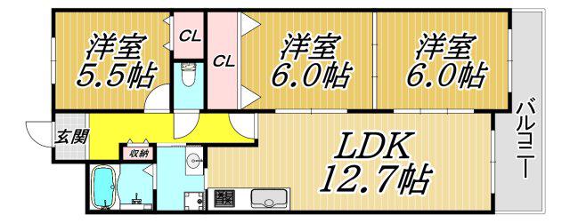 阪急神戸線 武庫之荘駅 徒歩7分 6階建 築33年(2LDK/5階)の間取り写真