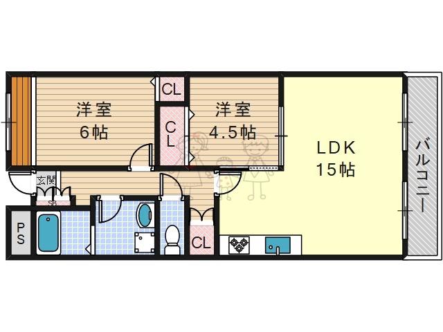 リバージュ住吉(2LDK/6階)の間取り写真
