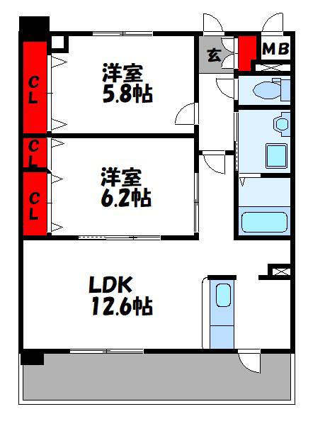 アイタス福岡(2LDK/4階)の間取り写真
