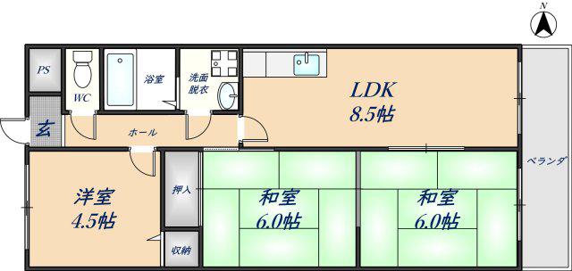 パストラル横小路(3DK/3階)の間取り写真