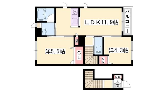 カーサグラスオエステA(2LDK/2階)の間取り写真