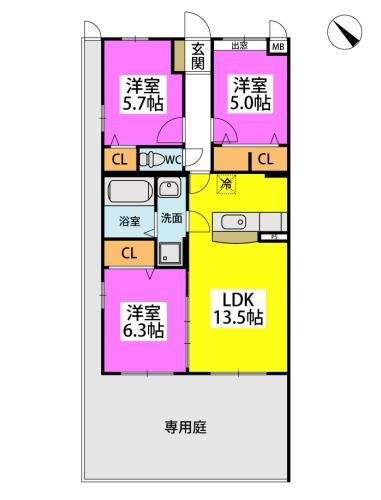 モデスティ筥松(3LDK/1階)の間取り写真