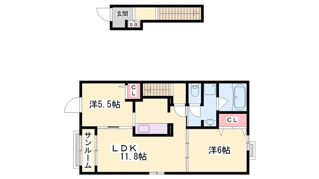 メゾン・シュシュII(1LDK/2階)の間取り写真
