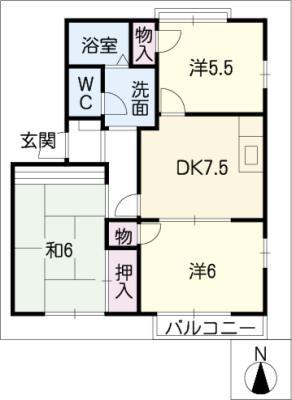 タウンエアリー B棟(3DK/2階)の間取り写真