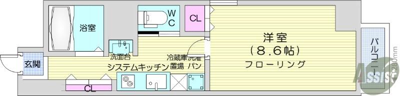 カスタリア一番町イースト(1K/9階)の間取り写真