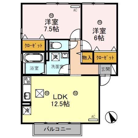 サンシャイン湖舟B棟(2LDK/1階)の間取り写真