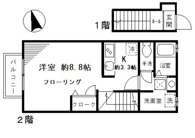 ボヌール旗の台(1K/2階)の間取り写真