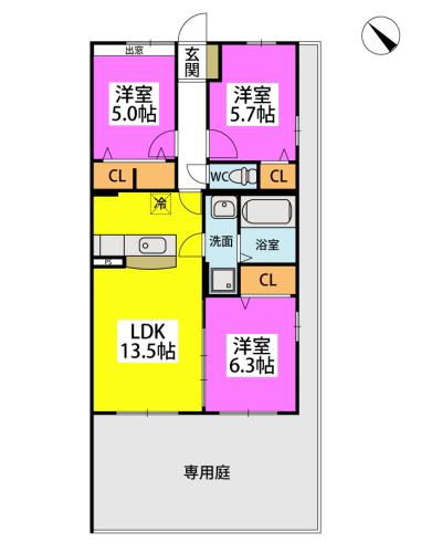 モデスティ筥松(3LDK/1階)の間取り写真