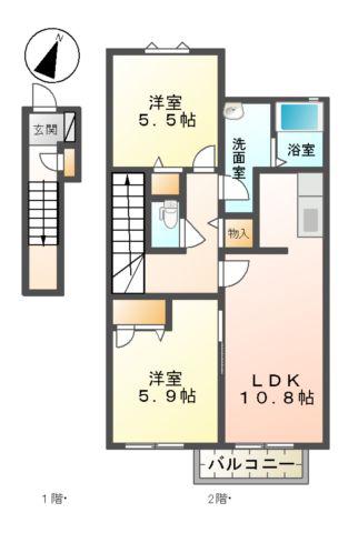 メゾングリーンガーネット(2LDK/2階)の間取り写真