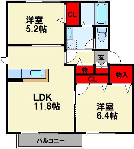 アベニール A棟(2LDK/1階)の間取り写真