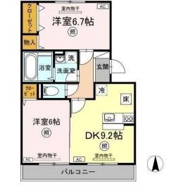 メルベーユB棟(2DK/1階)の間取り写真
