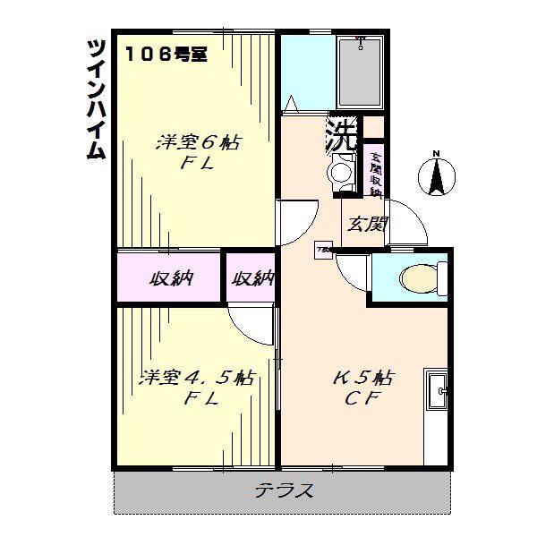 ツインハイムII(2K/1階)の間取り写真