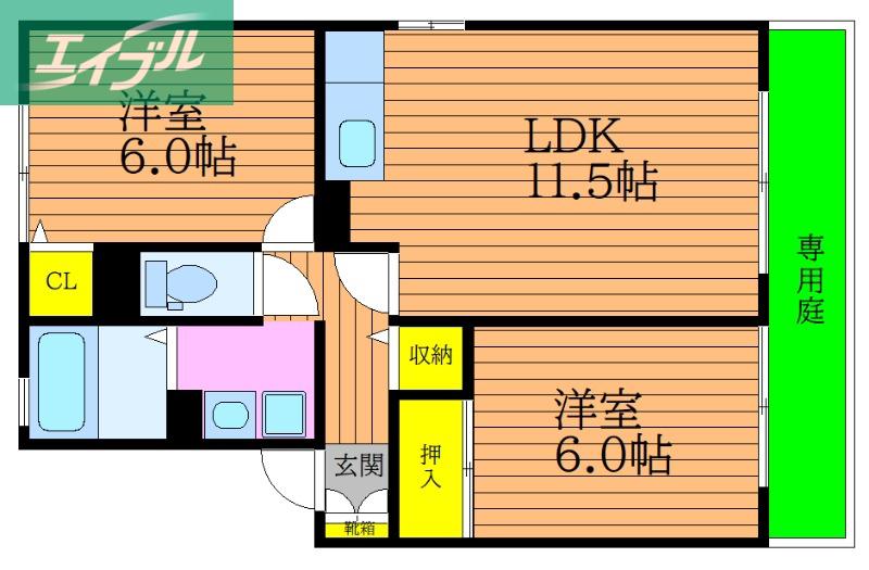 ヴィラアフェクションB棟(2LDK/1階)の間取り写真
