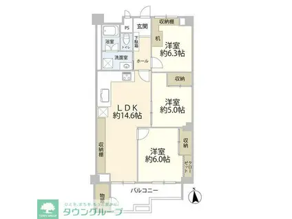 京王北野マンション D棟(3LDK/1階)の間取り写真