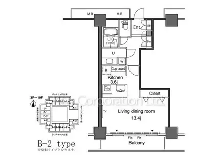 パシフィックロイヤルコートみなとみらい アーバンタワー(1K/19階)の間取り写真