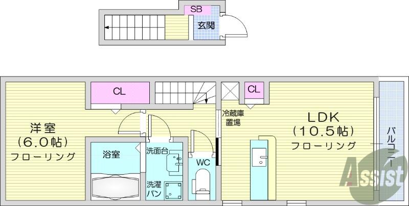 シャトレ菊ヶ岡A(1LDK/2階)の間取り写真