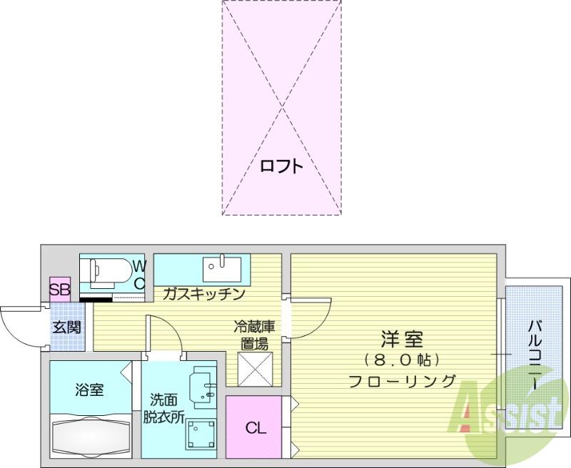 スカイロフト八木山(1K/2階)の間取り写真
