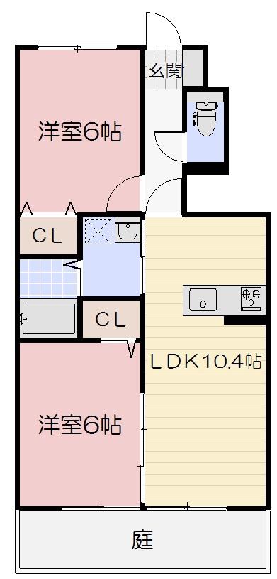 ラウレア福田 B棟(2LDK/1階)の間取り写真
