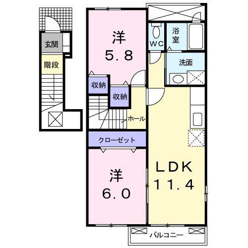 クレメントガーデンハウス A棟(2LDK/2階)の間取り写真