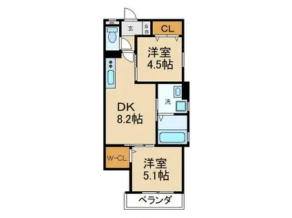 クリエオーレ北中振(2DK/1階)の間取り写真