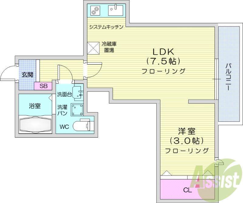 メリディアン白鳥(1LDK/3階)の間取り写真