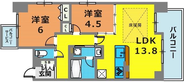 サムティグランツ神戸(2LDK/3階)の間取り写真