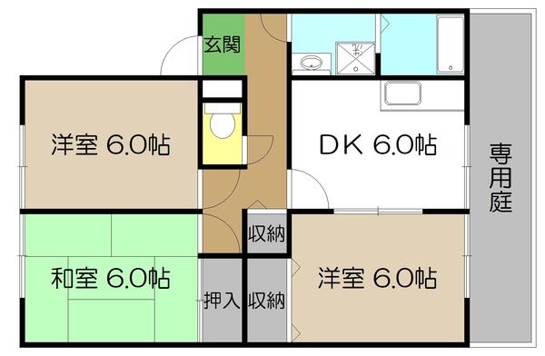 メゾンドール宮地I B棟(3DK/1階)の間取り写真