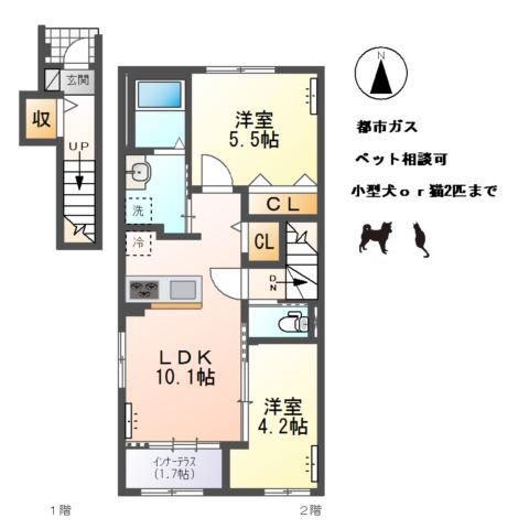 小信中島アパート(2LDK/2階)の間取り写真