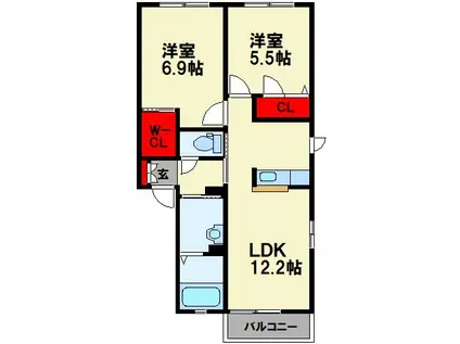 セイボヌール B棟(2LDK/2階)の間取り写真