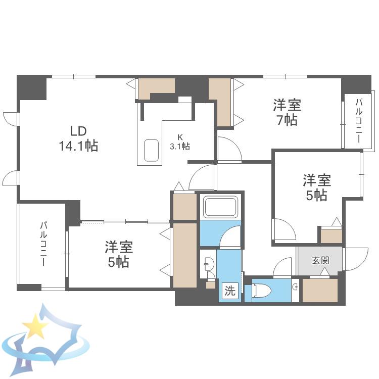 ライオンズ札幌大通グランフォート(3LDK/10階)の間取り写真