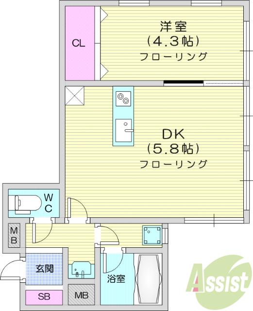 レフカス榴岡(1DK/3階)の間取り写真